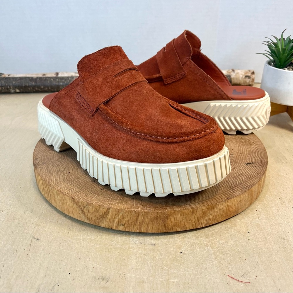 Sorel Suede Penny Mule in Burnt Orange and Cream Platform - Picture 2 of 16